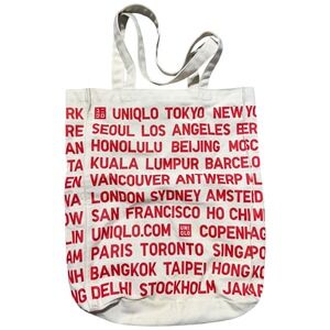 Uniqlo Canvas Tote Bag White Red City Names Graphic Print Top Handle